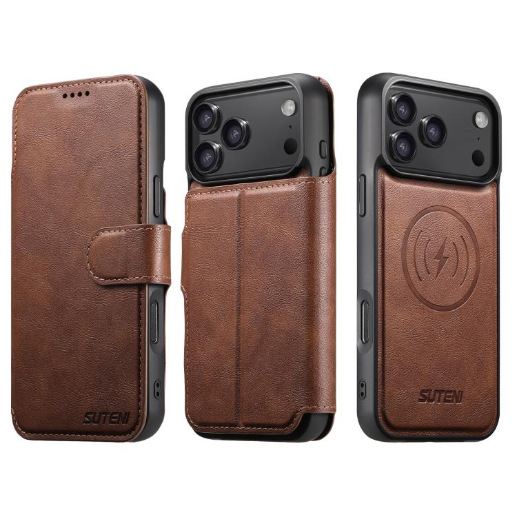 For iPhone 17 Pro Suteni Q05 2-in-1 Multi-function Detachable Wallet MagSafe Phone Case(Brown)