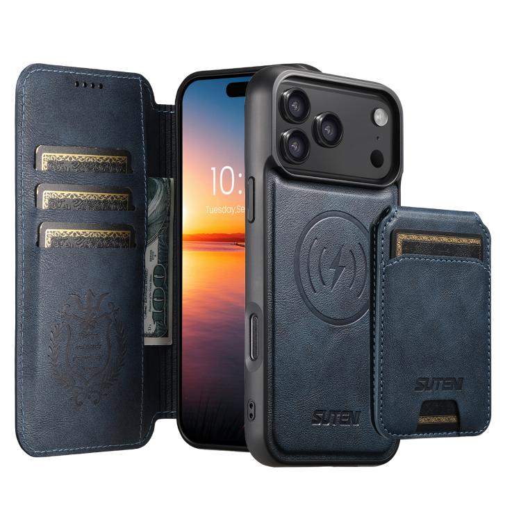 For iPhone 17 Pro Suteni Q05S2 3-in-1 Detachable Vertical Flip Wallet MagSafe Leather Phone Case(Blue)