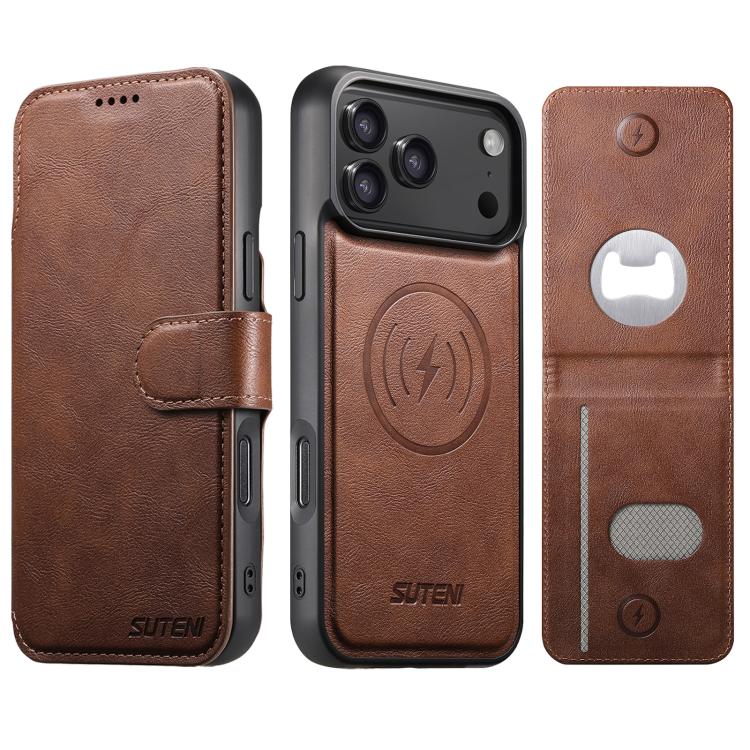 For iPhone 17 Pro Suteni Q05S5 3-in-1 Detachable Bottle Opener Card Bag Magnetic Cowhide Vegan Leather Phone Case(Brown)
