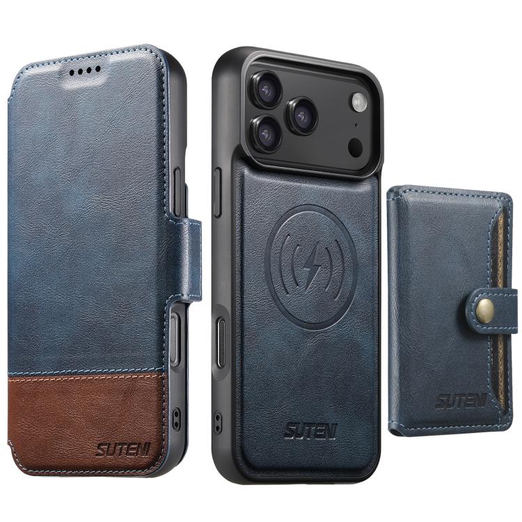 For iPhone 17 Pro Suteni Q06S1 3-in-1 Splicing Detachable Wallet MagSafe Leather Phone Case(Blue)