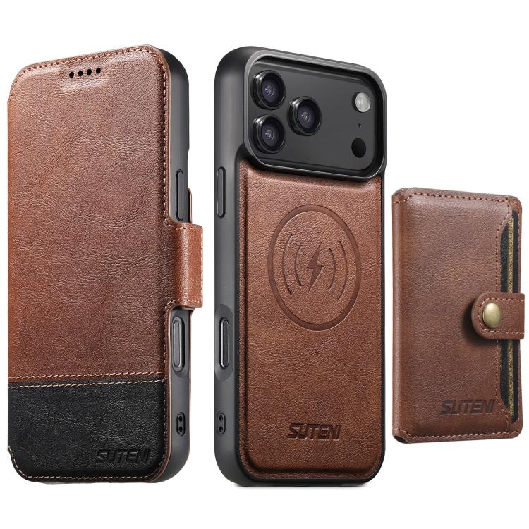 For iPhone 17 Pro Suteni Q06S1 3-in-1 Splicing Detachable Wallet MagSafe Leather Phone Case(Brown)
