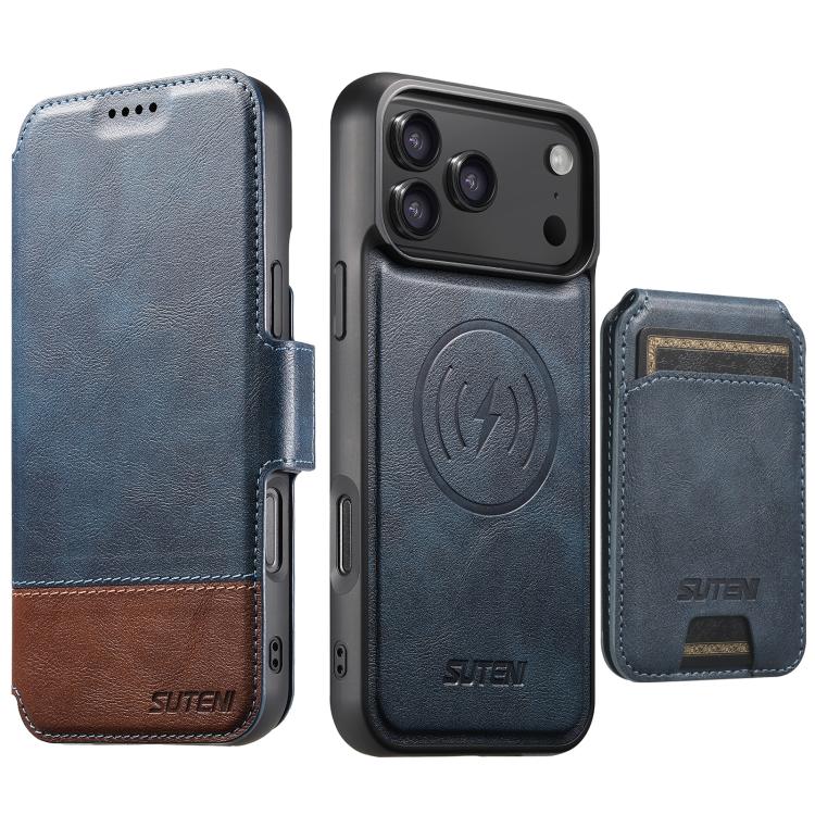 For iPhone 17 Pro Suteni Q06S2 3-in-1 Detachable Vertical Flip Wallet MagSafe Splicing Leather Phone Case(Blue)