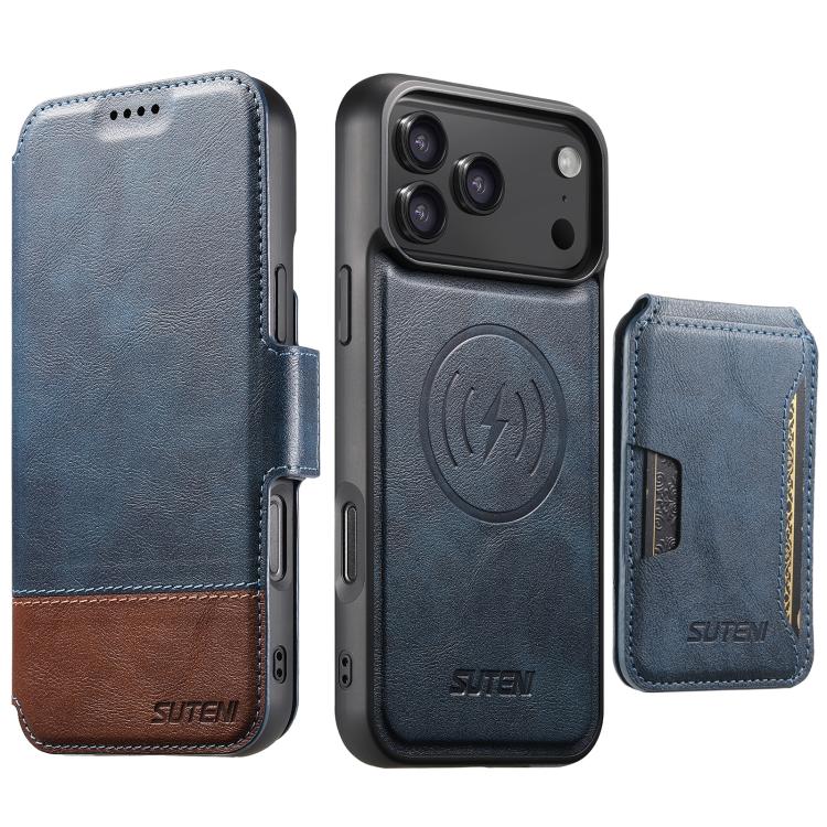 For iPhone 17 Pro Suteni Q06S3 3-in-1 Splicing Detachable Vertical Flip Wallet MagSafe Leather Phone Case(Blue)