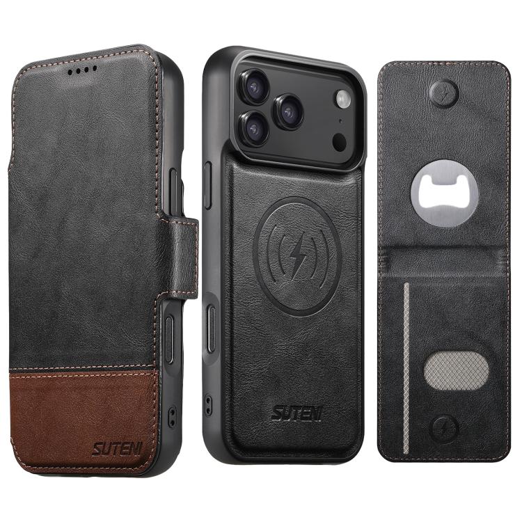 For iPhone 17 Pro Suteni Q06S5 3-in-1 Detachable Bottle Opener Card Bag Magnetic Top-Bottom Spliced Vegan Leather Phone Case(Black)