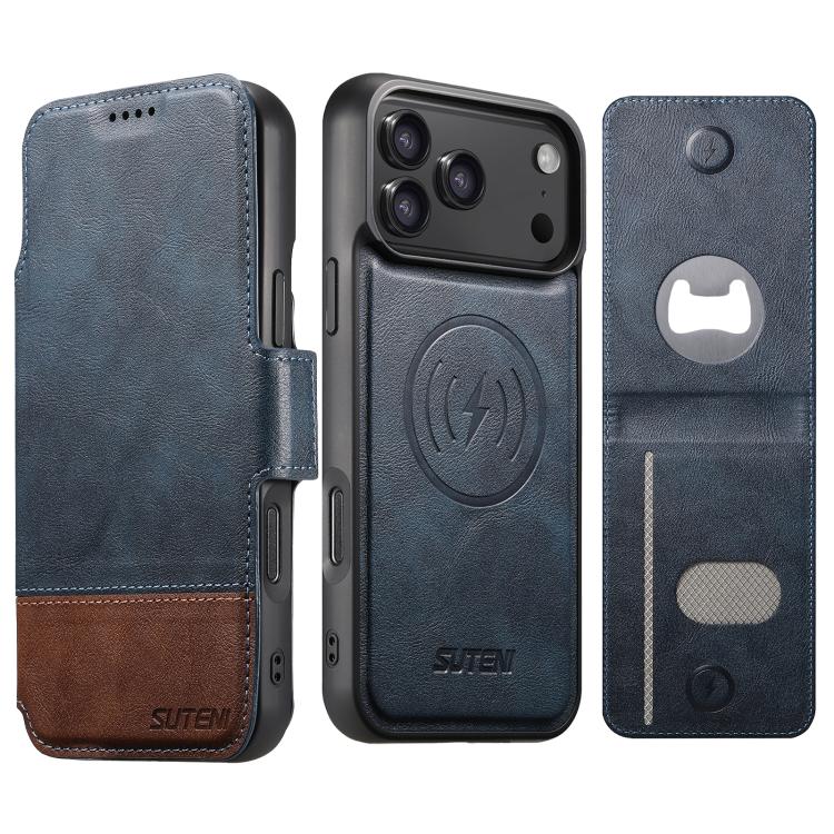 For iPhone 17 Pro Suteni Q06S5 3-in-1 Detachable Bottle Opener Card Bag Magnetic Top-Bottom Spliced Vegan Leather Phone Case(Blue)