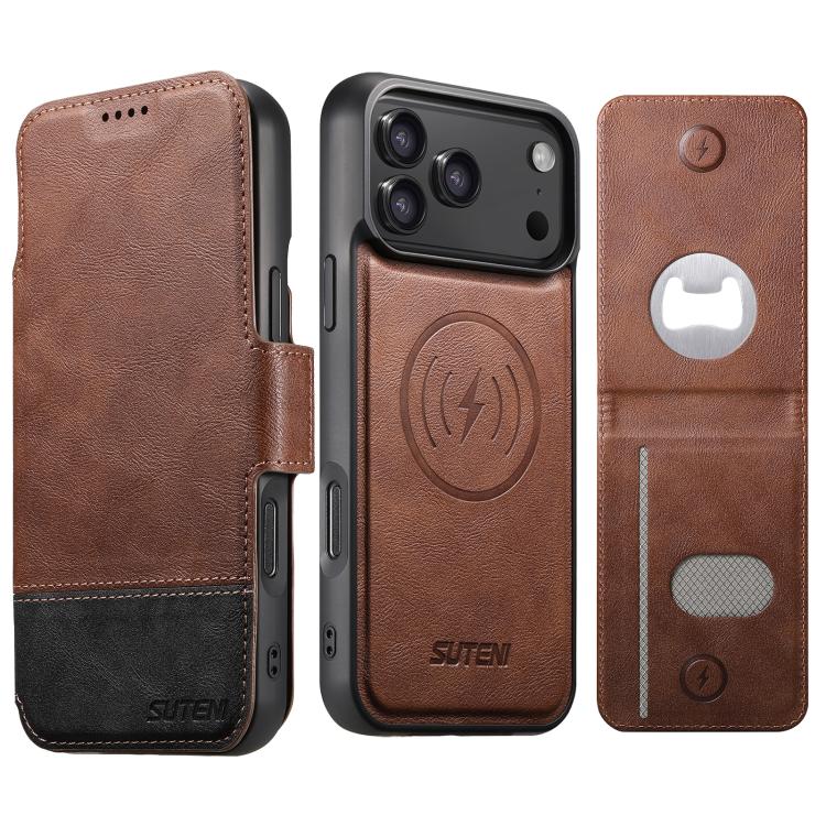 For iPhone 17 Pro Suteni Q06S5 3-in-1 Detachable Bottle Opener Card Bag Magnetic Top-Bottom Spliced Vegan Leather Phone Case(Brown)