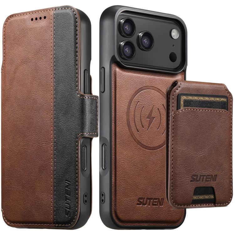 For iPhone 17 Pro Suteni Q07S2 3-in-1 Detachable Vertical Flip Wallet MagSafe Splicing Leather Phone Case(Brown)