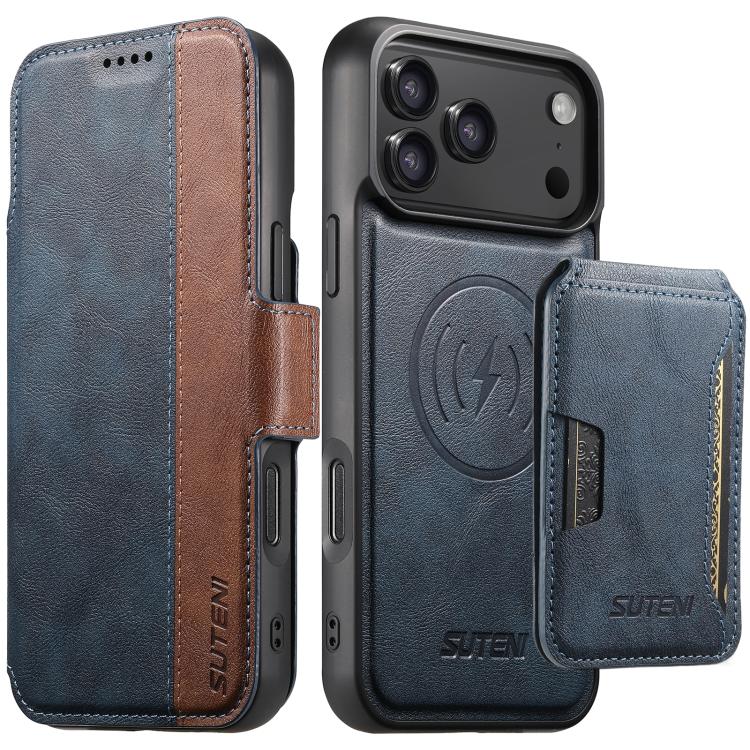 For iPhone 17 Pro Suteni Q07S3 Left-Right Splicing Cowhide Pattern Flip Side Card Wallet Removable Magnetic Phone Case(Blue)