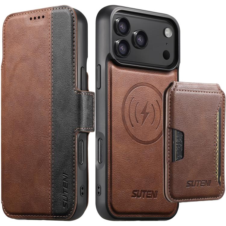 For iPhone 17 Pro Suteni Q07S3 Left-Right Splicing Cowhide Pattern Flip Side Card Wallet Removable Magnetic Phone Case(Brown)