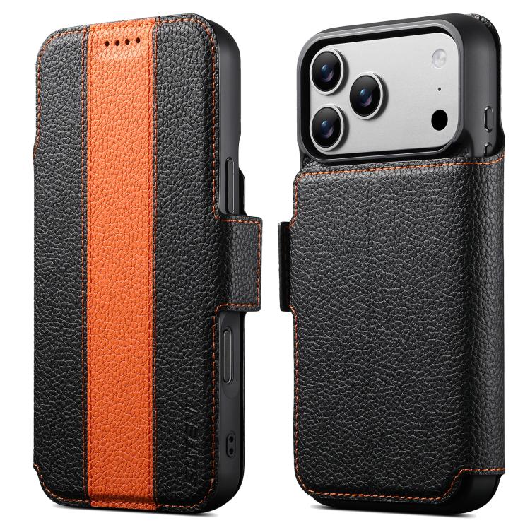 For iPhone 17 Pro Suteni Q08 2-in-1 Multi-function Magnetic Wallet Big Litchi Vegan Leather Phone Case(Orange)
