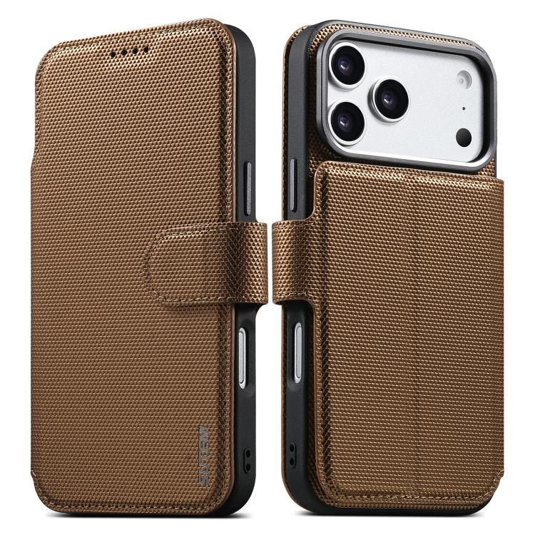 For iPhone 17 Pro Suteni Q09 Magnetic Detachable Wallet 2 in 1 Triangle Texture Vegan Leather Phone Case(Gold)