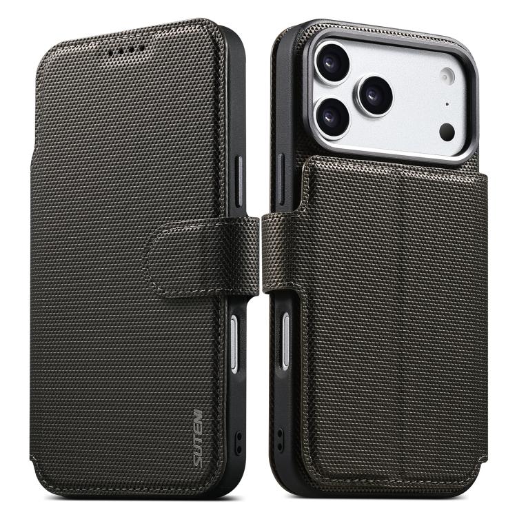 For iPhone 17 Pro Suteni Q09 Magnetic Detachable Wallet 2 in 1 Triangle Texture Vegan Leather Phone Case(Grey)