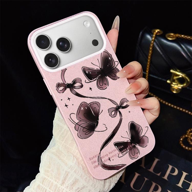 For iPhone 17 Pro Swirling Butterflies Pattern IMD Glitter PC Hybrid TPU Phone Case(Pink)