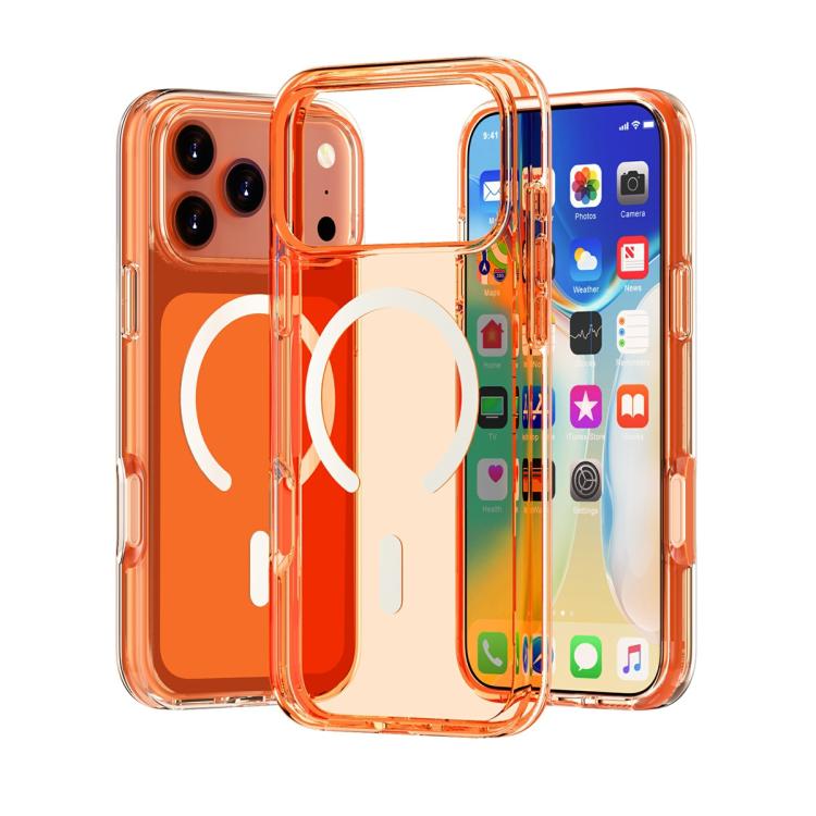 For iPhone 17 Pro Terminator Style Glitter Powder MagSafe Magnetic Phone Case(Transparent Orange)