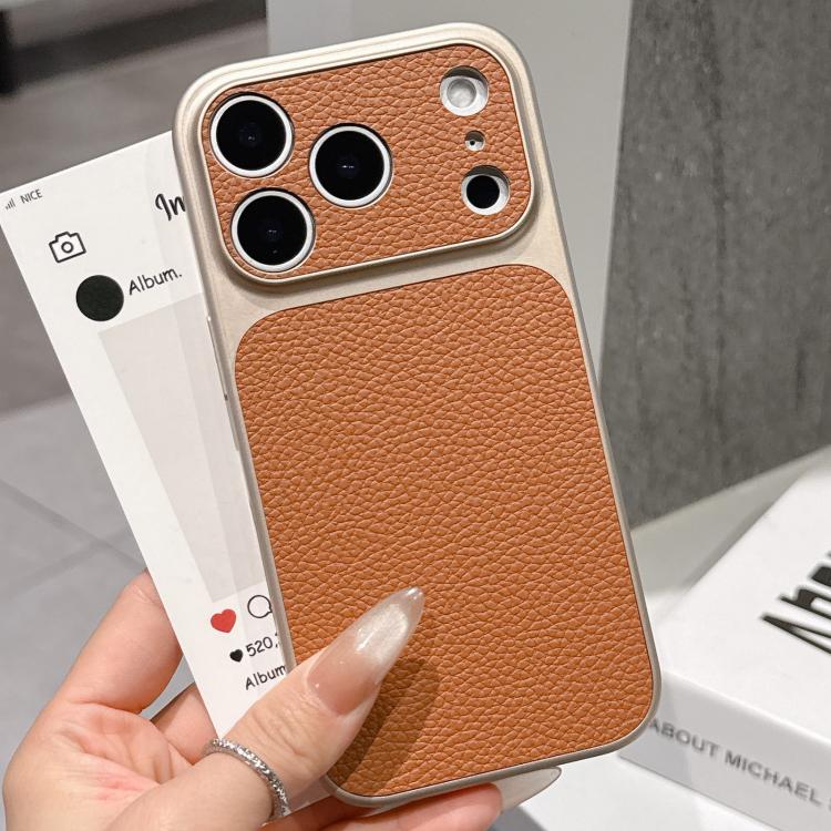 For iPhone 17 Pro Transforms Into 17 Series Large Window Frosted Lychee Texture Phone Case(Khaki)