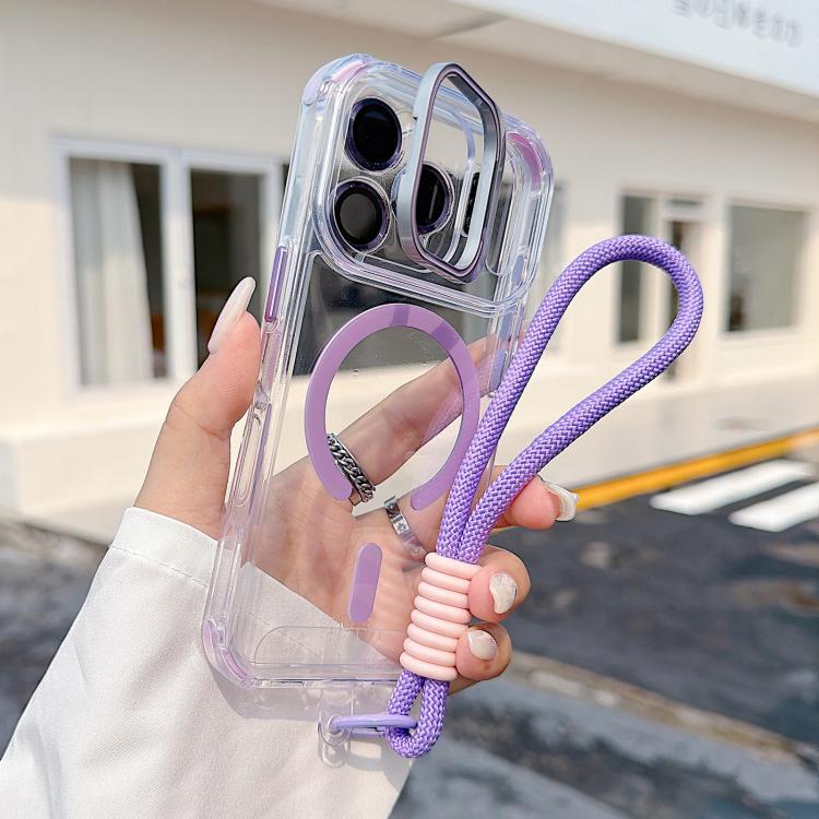 For iPhone 17 Pro Transparent Lens Kickstand Magnetic Phone Case with Wrist Strap(Purple)