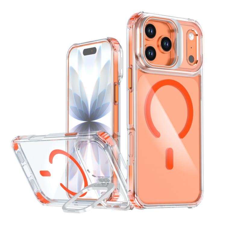 For iPhone 17 Pro Transparent Lens Kickstand Magnetic Phone Case(Orange)