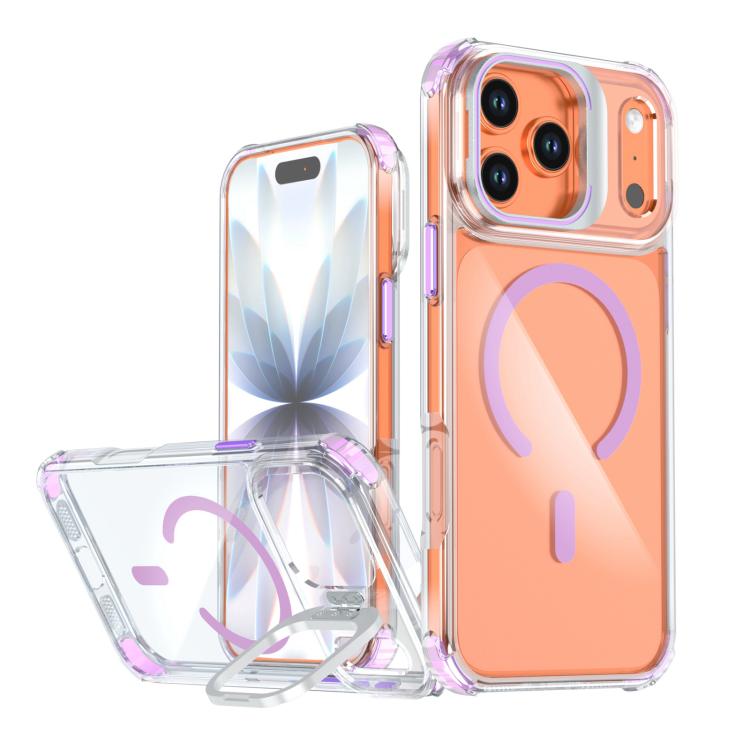 For iPhone 17 Pro Transparent Lens Kickstand Magnetic Phone Case(Purple)