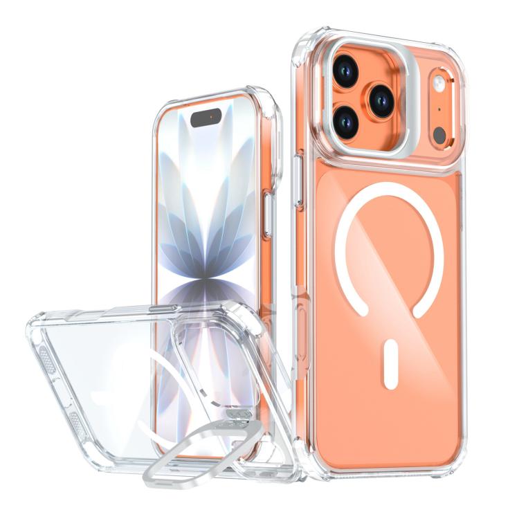 For iPhone 17 Pro Transparent Lens Kickstand Magnetic Phone Case(White)