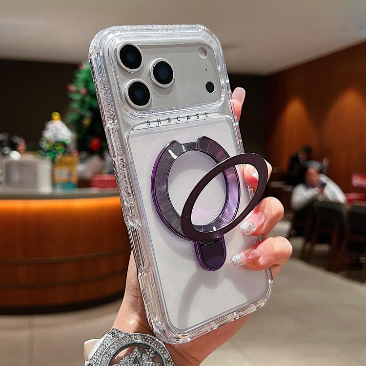 For iPhone 17 Pro Transparent Pivot Metal Holder Magnetic Phone Case(Purple)