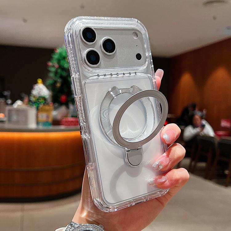 For iPhone 17 Pro Transparent Pivot Metal Holder Magnetic Phone Case(Silver)