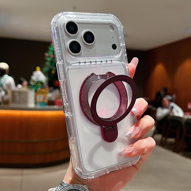 For iPhone 17 Pro Transparent Pivot Metal Holder Magnetic Phone Case(Wine Red)