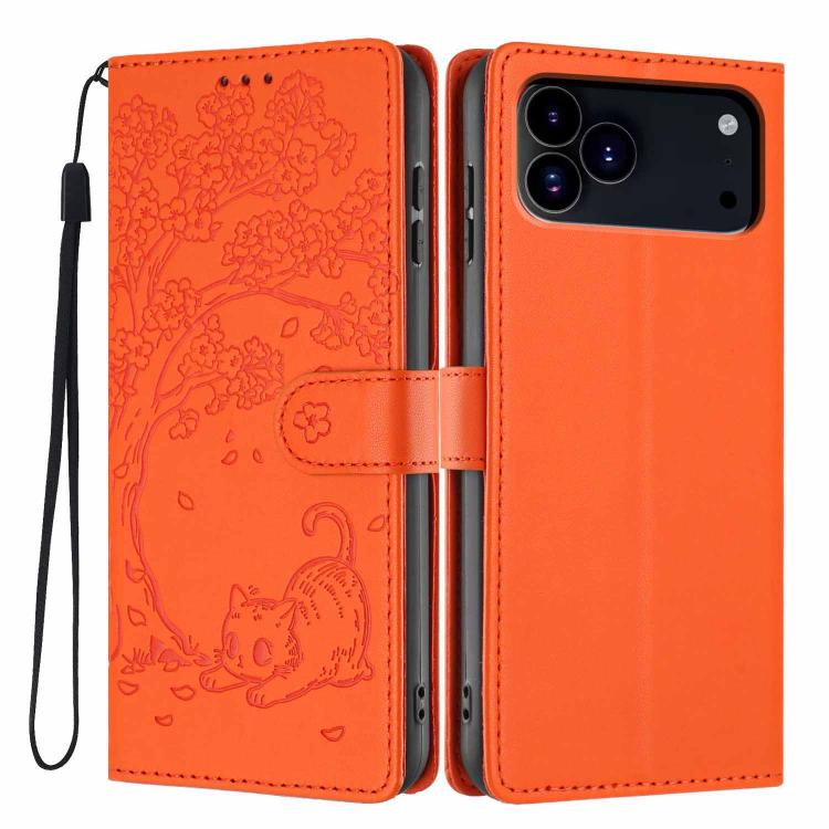 For iPhone 17 Pro Tree Cat Embossed Flip Vegan Leather Phone Case(Orange)