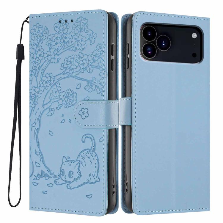 For iPhone 17 Pro Tree Cat Embossed Flip Vegan Leather Phone Case(Sky Blue)