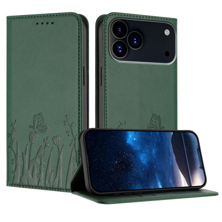 For iPhone 17 Pro Tulips Butterfly Pattern Magnetic Vegan Leather Phone Case(Dark Green)