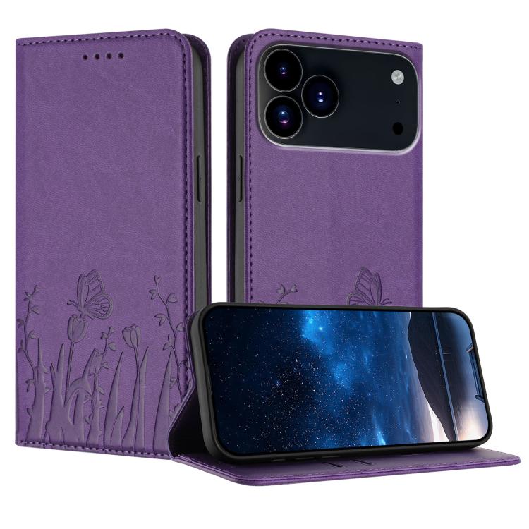 For iPhone 17 Pro Tulips Butterfly Pattern Magnetic Vegan Leather Phone Case(Dark Purple)