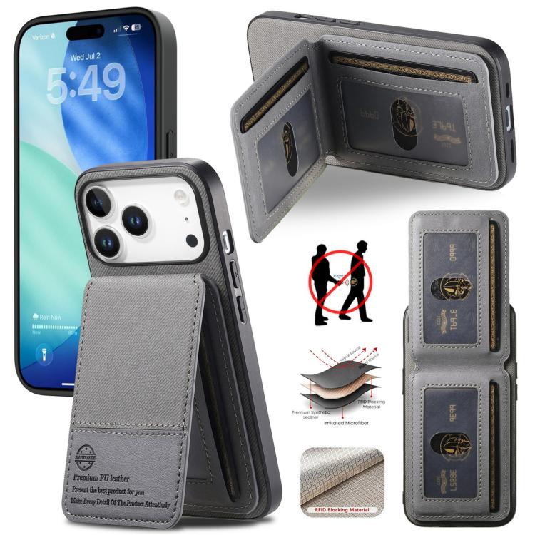 For iPhone 17 Pro Twill Fabric Leather Vertical Flip RFID Card Bag Phone Case(Gray)