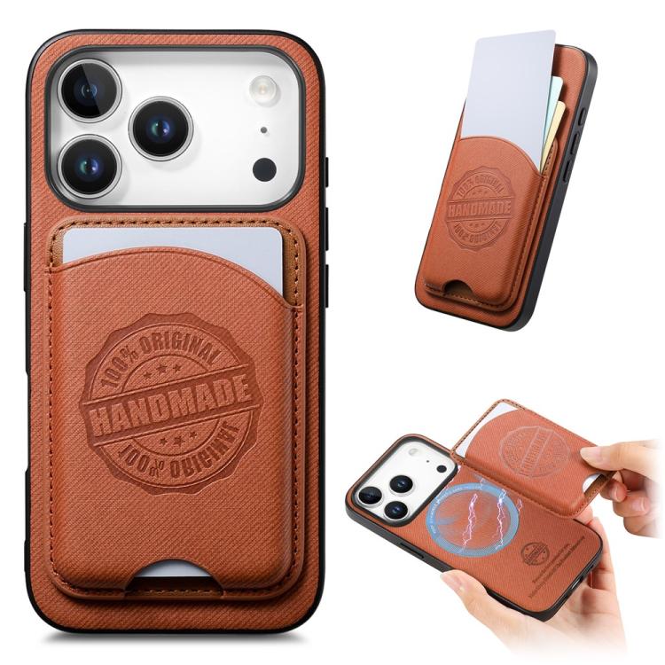 For iPhone 17 Pro Twill Texture Vegan Leather Magnetic Phone Cover with Detachable Card Holder(Brown)