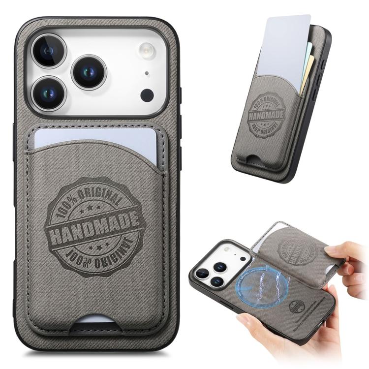 For iPhone 17 Pro Twill Texture Vegan Leather Magnetic Phone Cover with Detachable Card Holder(Gray)