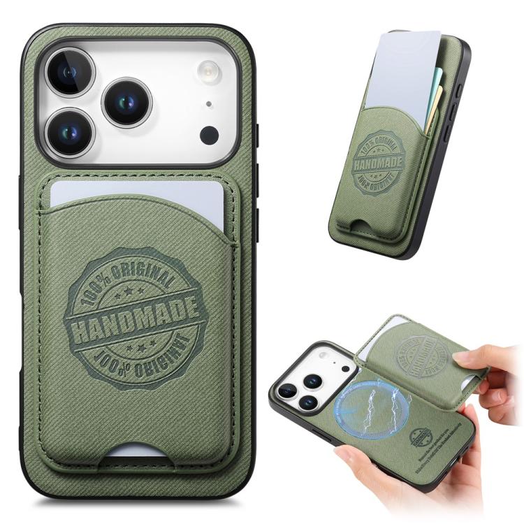 For iPhone 17 Pro Twill Texture Vegan Leather Magnetic Phone Cover with Detachable Card Holder(Green)