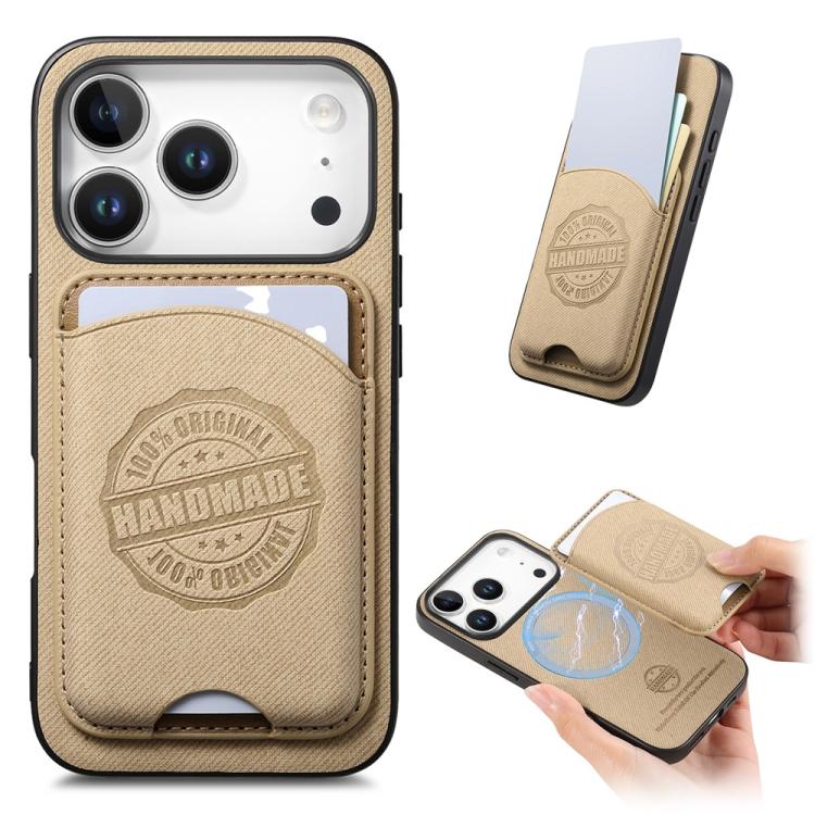 For iPhone 17 Pro Twill Texture Vegan Leather Magnetic Phone Cover with Detachable Card Holder(Khaki)