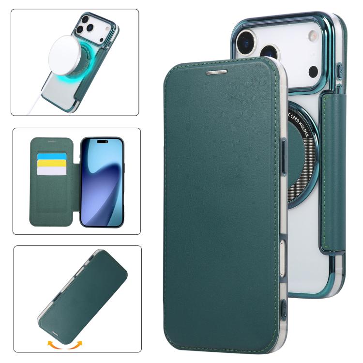 For iPhone 17 Pro Ultra-thin Magnetic Plating Vegan Leather Phone Case(Blackish Green)