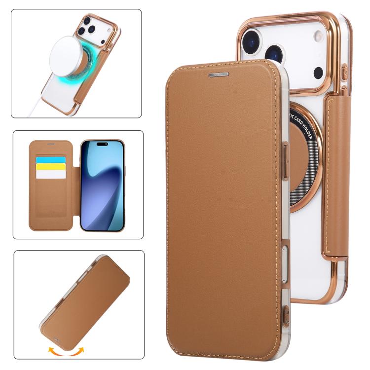 For iPhone 17 Pro Ultra-thin Magnetic Plating Vegan Leather Phone Case(Brown)