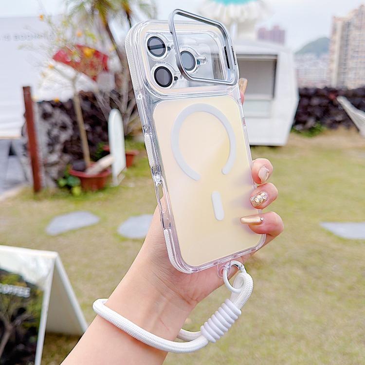 For iPhone 17 Pro Vibrant Chameleon Lens Kickstand Magnetic Phone Case with Wrist Strap(White)