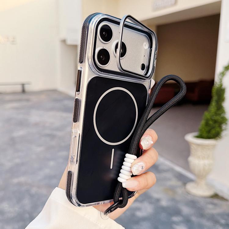 For iPhone 17 Pro Vibrant Dual-color Lens Kickstand Magnetic Phone Case with Wrist Strap(Black)