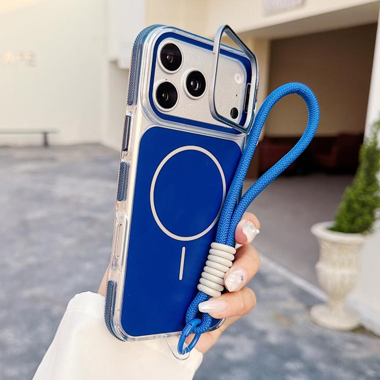 For iPhone 17 Pro Vibrant Dual-color Lens Kickstand Magnetic Phone Case with Wrist Strap(Blue)