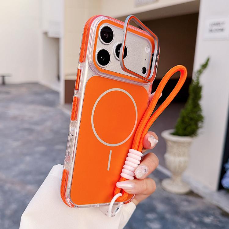 For iPhone 17 Pro Vibrant Dual-color Lens Kickstand Magnetic Phone Case with Wrist Strap(Orange)