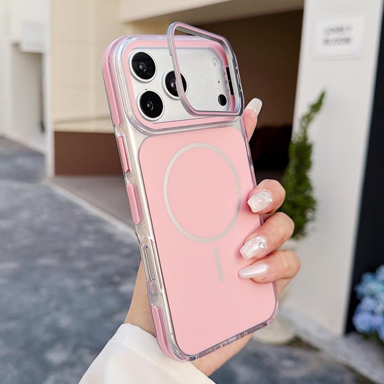 For iPhone 17 Pro Vibrant Dual-color Lens Kickstand Magnetic Phone Case(Pink)