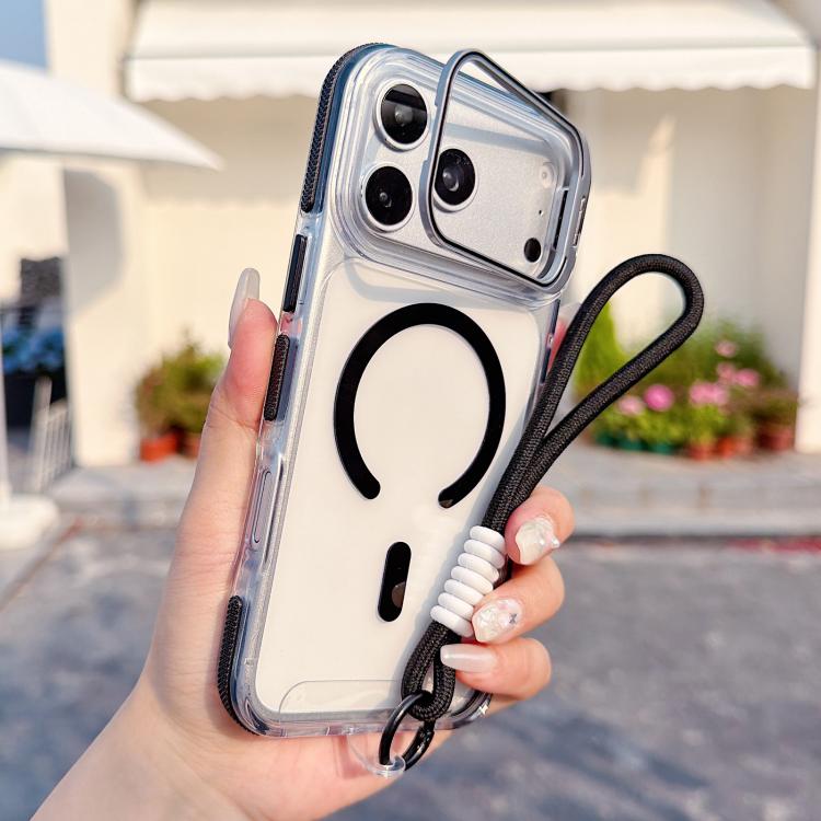For iPhone 17 Pro Vibrant Transparent Lens Kickstand Magnetic Phone Case with Wrist Strap(Black)
