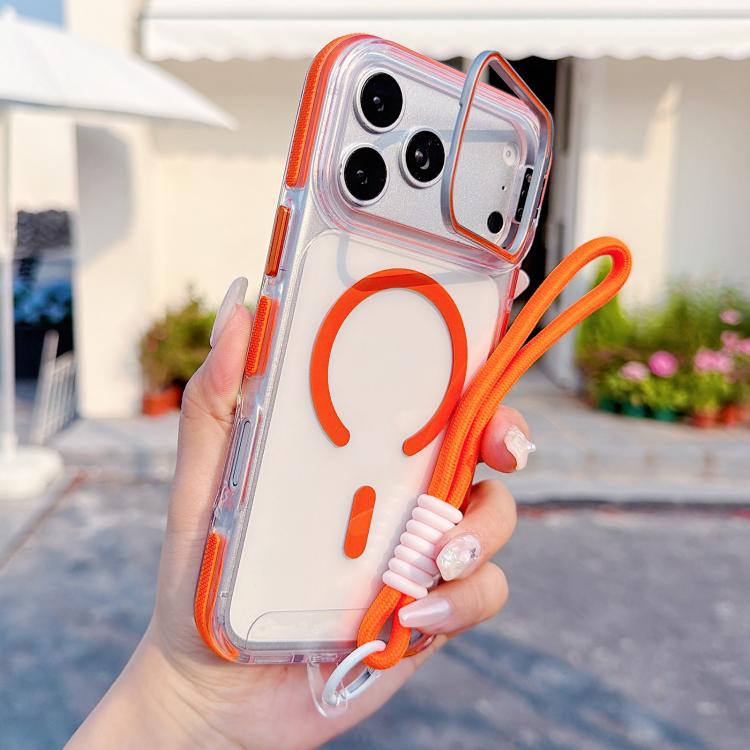 For iPhone 17 Pro Vibrant Transparent Lens Kickstand Magnetic Phone Case with Wrist Strap(Orange)