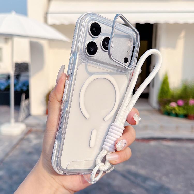 For iPhone 17 Pro Vibrant Transparent Lens Kickstand Magnetic Phone Case with Wrist Strap(White)