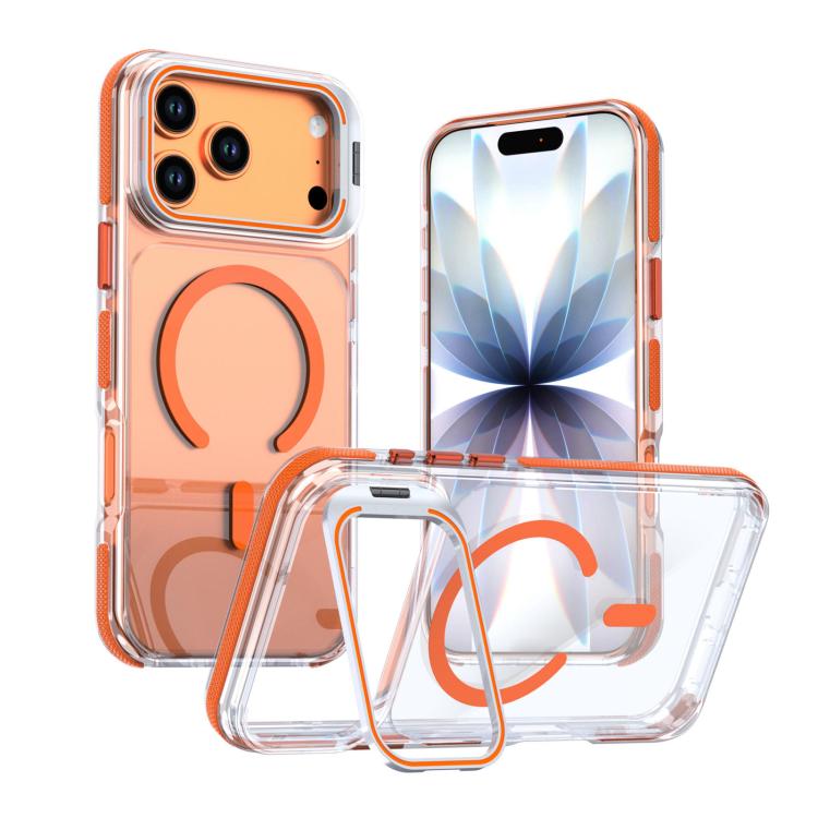 For iPhone 17 Pro Vibrant Transparent Lens Kickstand Magnetic Phone Case(Orange)