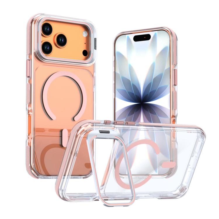 For iPhone 17 Pro Vibrant Transparent Lens Kickstand Magnetic Phone Case(Pink)