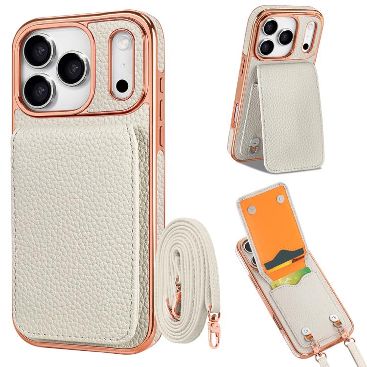 For iPhone 17 Pro VIETAO Litchi Texture Wallet PU Phone Case with Lanyard(White)
