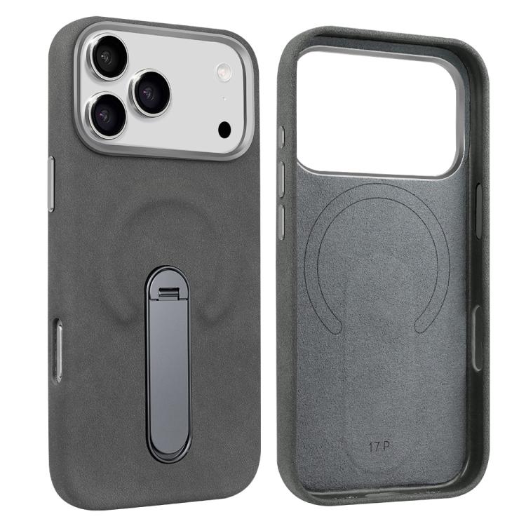 For iPhone 17 Pro VIETAO Suede MagSafe PU Leather Phone Case with Holder(Dark Grey)