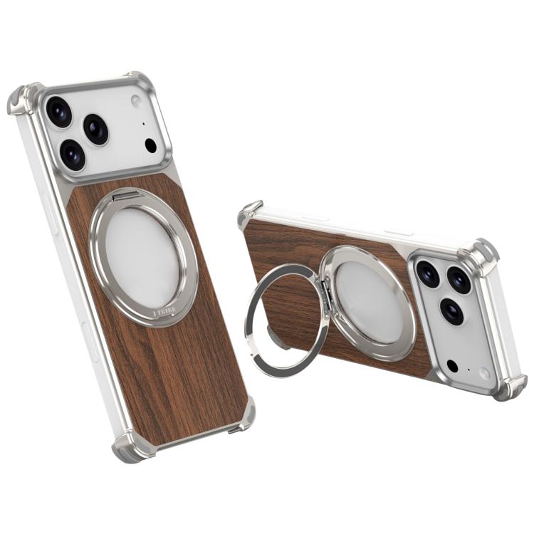 For iPhone 17 Pro Walnut Wood Frameless Hollow Magnetic Phone Case with Rotating Holder(Titanium)